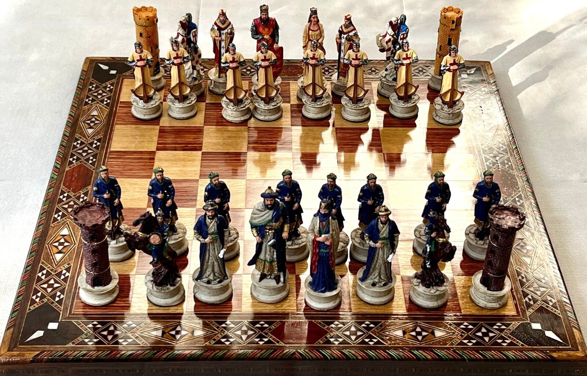 Hand Painted Crusaders Chess Set Handmade inlaid mother of