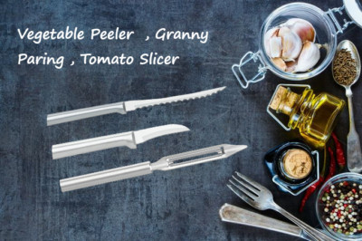 Rada 3 pc Set Vegetable Peeler, Granny Paring, Tomato Slicer (Silver Handle)