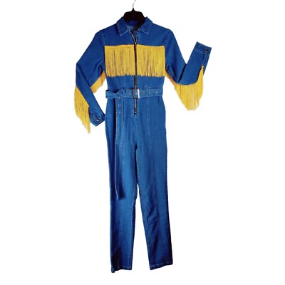 Blue Denim Jumpsuit Western Cowgirl Coverall Jumper Blue Yellow
