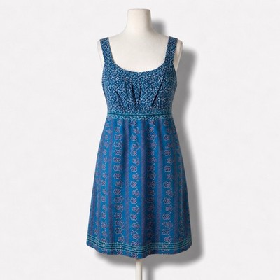 Esprit Blue Floral Striped Cotton Sleeveless Dress Velvet Trim Size 8 US