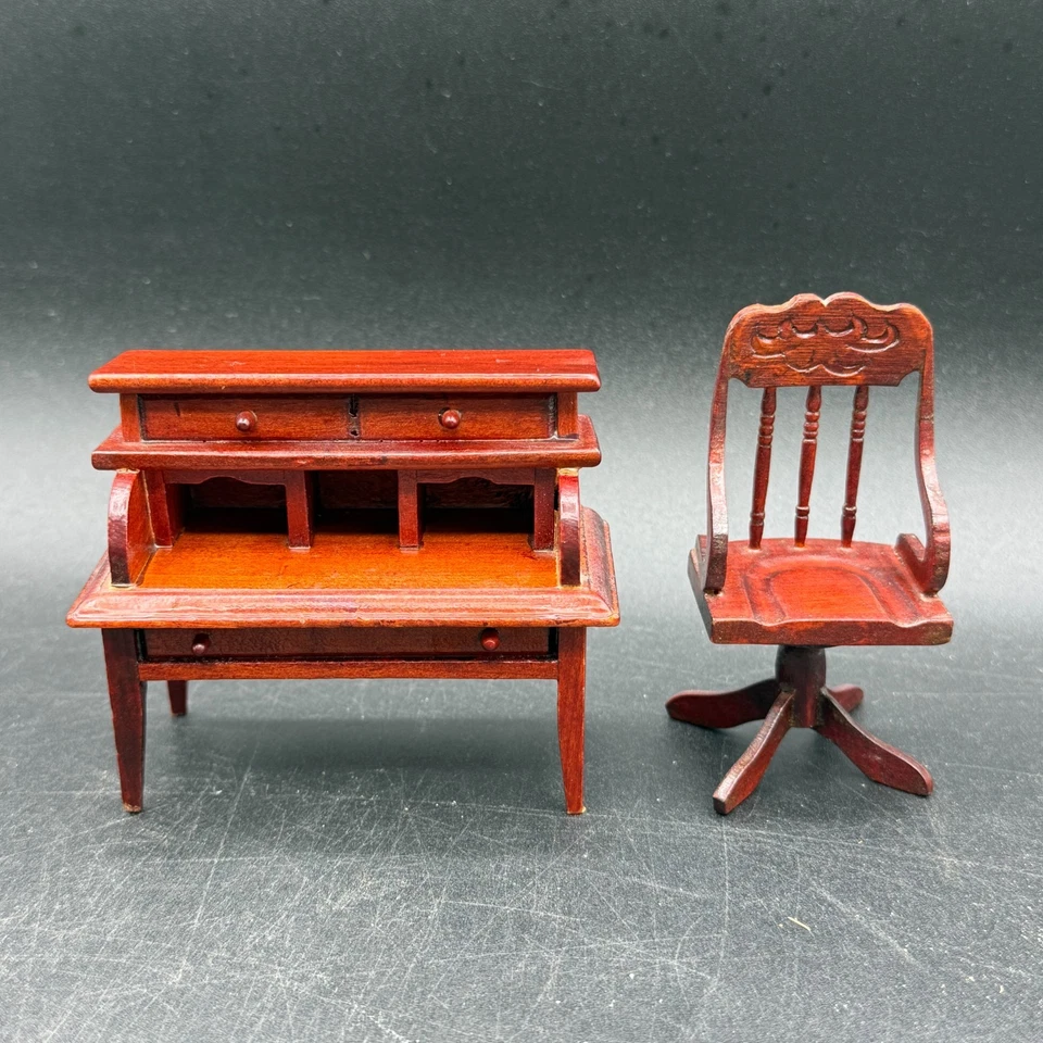 Juego de escritorio y silla giratoria vintage con tapa enrollable de madera miniatura para casa de muñecas escala 1:12 Foto 2 de 4