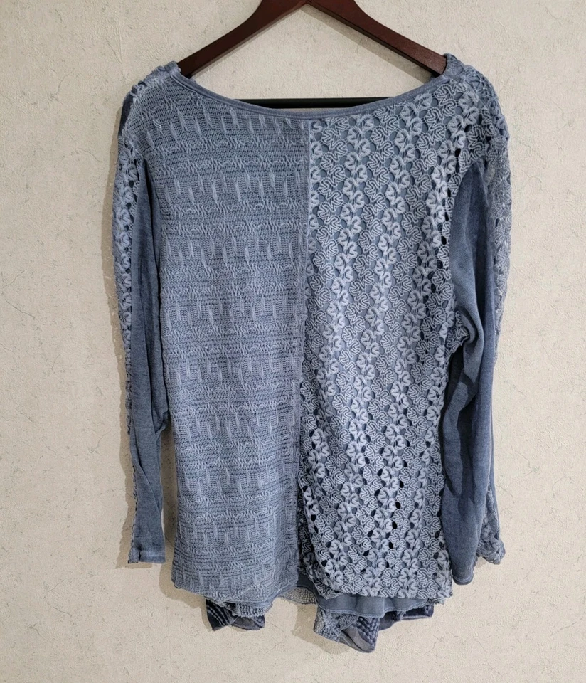 Blusa Simply Couture L Azul Encaje Crochet Medios Mixtos Artísticos Lagenlook Capucha Cuello Foto 2 de 4