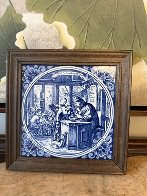 Delft Blauw Tile Wood Framed Holland Dutch Vintage Wall Hanging Blue