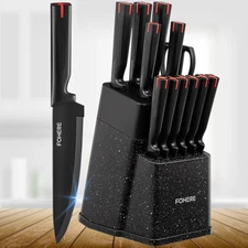 FOHERE 13-Piece Knife Set with Block & Sharpener Stainless Steel Kitchen Knives