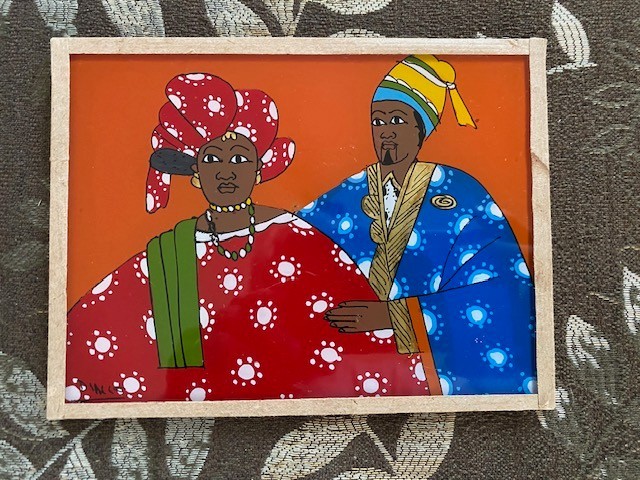 SENEGALESE HAND PAINTED REVERSE GLASS PORTRAIT PAINTING OF A MAN & A WOMAN