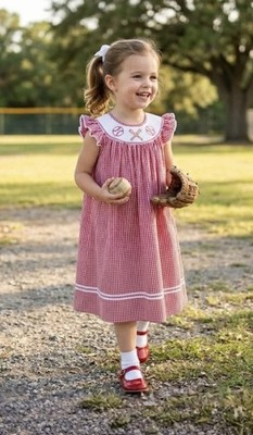 Lil Cactus Red Gingham Baseball Smocked Bishop Dress 6 year NWT