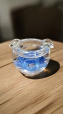 Joe Rice? Ashtray 1990 Clear glass paperweight blue trumpet flowers Unsigned VTG
