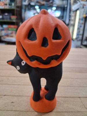 Ceramic Cat-O-Lantern Figurine, Black Cat with Pumpkin Head, New in Box