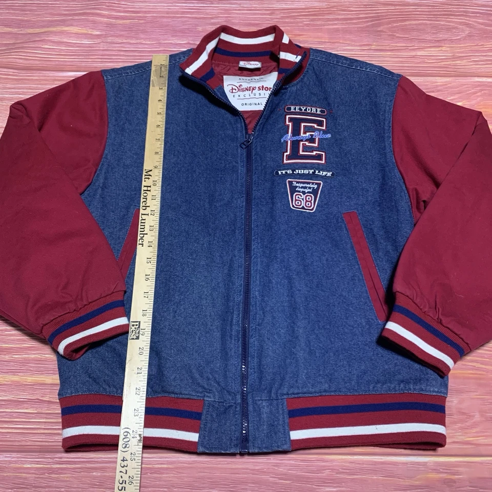 Chaqueta de bombardero universitaria vintage Disney Eeyore para hombre pequeña denim con cremallera acolchada forrada Y2K Foto 3 de 4