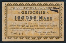 Germany: Weimar Republic NORDDEUTSCHER LLOYD 10-8-1923 100,000 Mark. SCARCE!