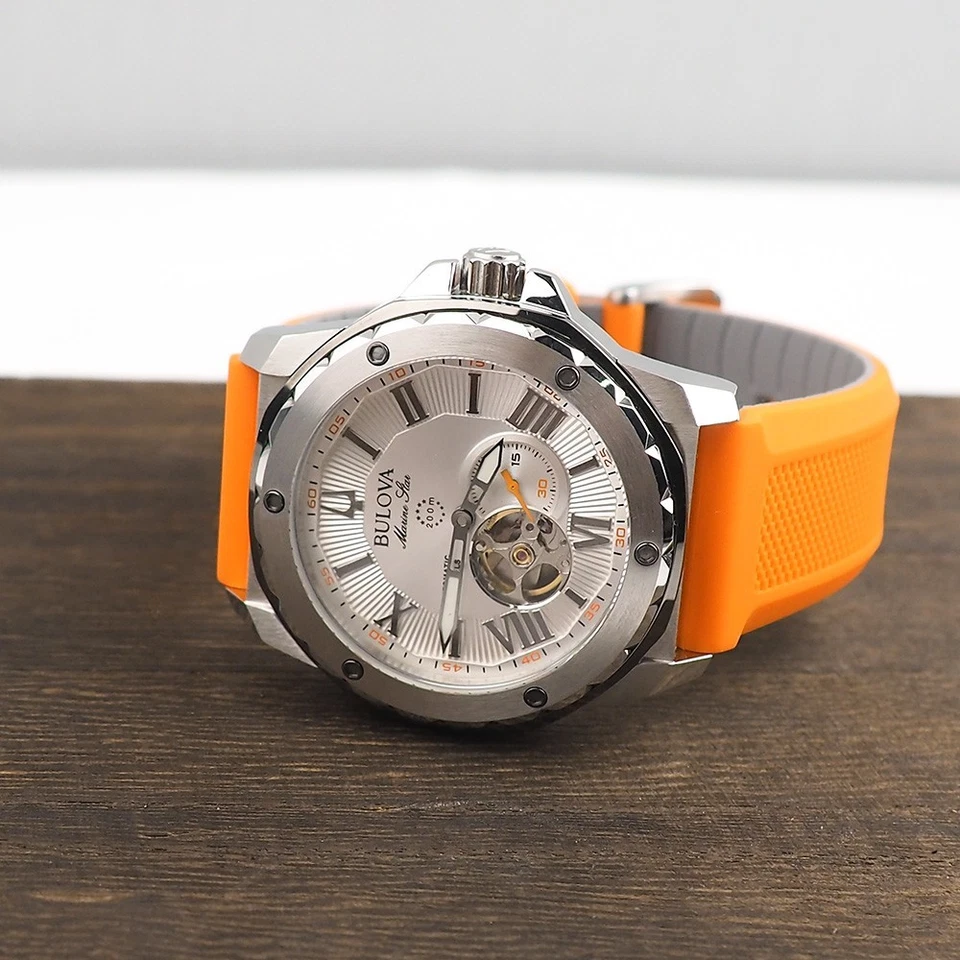 Bulova Men's Marine Star 98A226 Orange Silicone Strap Automatic Watch 45mm - Image 2 of 4