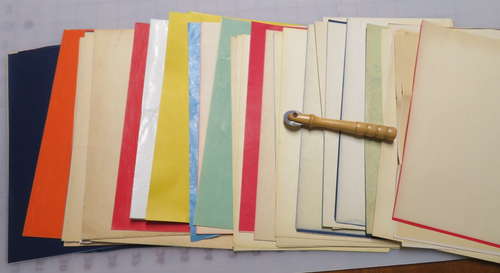Vtg Pattern Tracing Wheel Wood Handle + Lot of 40 Sheets Colored Tracing Paper