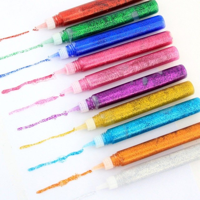 10x GLITTER GLUE PENS CHILDREN KIDS ASSORTED COLOURS ART CARDS CRAFT