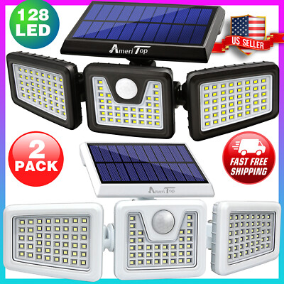 2 Pack Solar Lights Outdoor 800LM 128 LED Motion Sensor Lights IP65 Waterproof