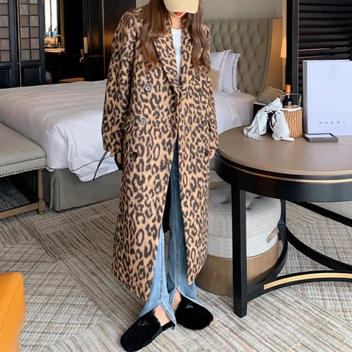 New Spring Women's Wool Coat with Leopard Print Loose Long Sleeved Fashion - Picture 2 of 24
