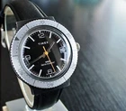 VINTAGE TIMEX 1980 SPORT DIVER DATE MECHANICAL WIND UP MEN'S BLACK LEATHER WATCH