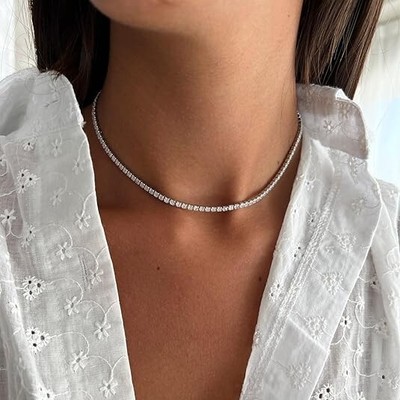 2mm,9Ct Round Cut Lab-Created Diamond Tennis Neckless 14k White Gold Plated