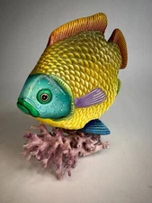 Tonala Mexican 3D Ceramic Art Colorful Fish Hand Painted Signed Mounted on Coral