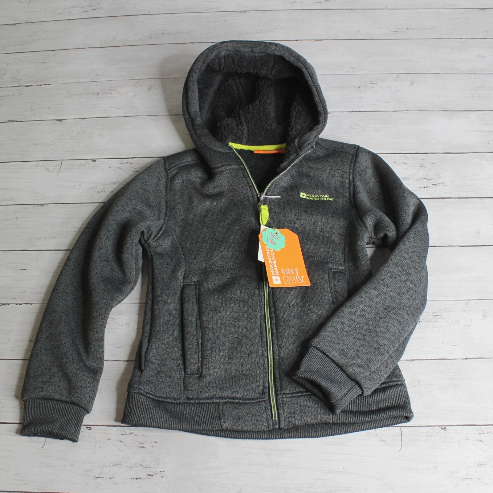 Mountain Warehouse Boy's Hooded Knit Jacket Size 9 10 Gray Faux Shearling Lining