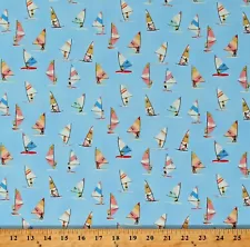 Cotton Windsurfers Windsurfing Beach Blue Fabric Print by the Yard D688.74