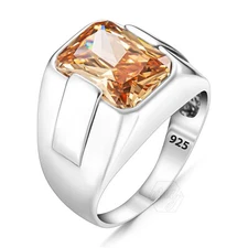 925 Sterling Silver Rectangle Shape Orange Citrine Stone Turkish Men Ring