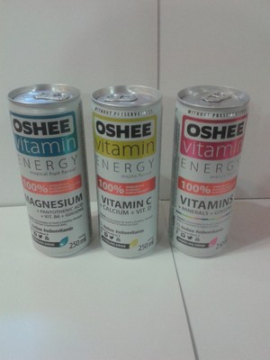 Set of 3 EMPTY Oshee Vitamins Energy Drink cans 250 ml; BOTTOM opened (Poland)