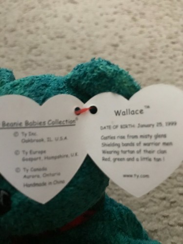 TY Original Beanie Babies 1999 'WALLACE' The Scottish Green Bear with Tags - Bild 3 von 4