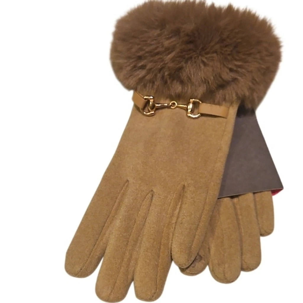 NEW! VINCE CAMUTO Soft Tan Fur Trim Gloves Large.