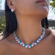 Silver Plated Geometric Cubic Zirconia Necklace Earrings Women Party Jewelry Set