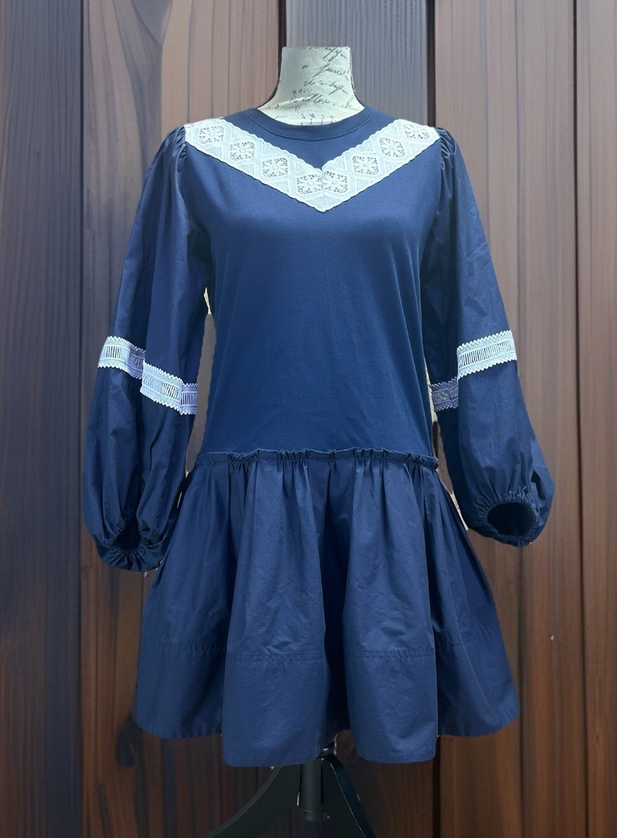 Tanya Taylor Puff Sleeve Kirstie Mini Dress Navy and White Women’s Size XS