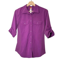 Lucy Button Front Shirt Roll Tab Sleeve Elbow Pink Magenta Small Mixed Media