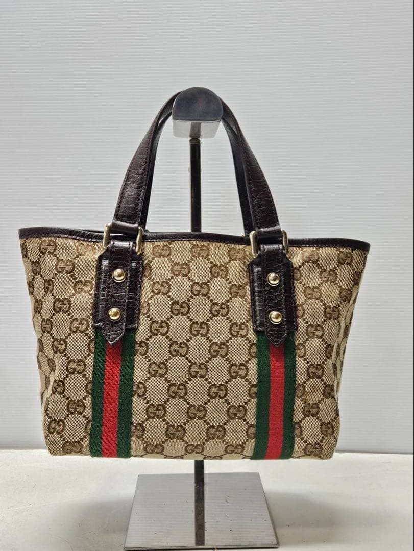 GUCCI Vintage GG Canvas Sherry Line Tote Bag Leather Trim Excellent Condition thumbnail 2