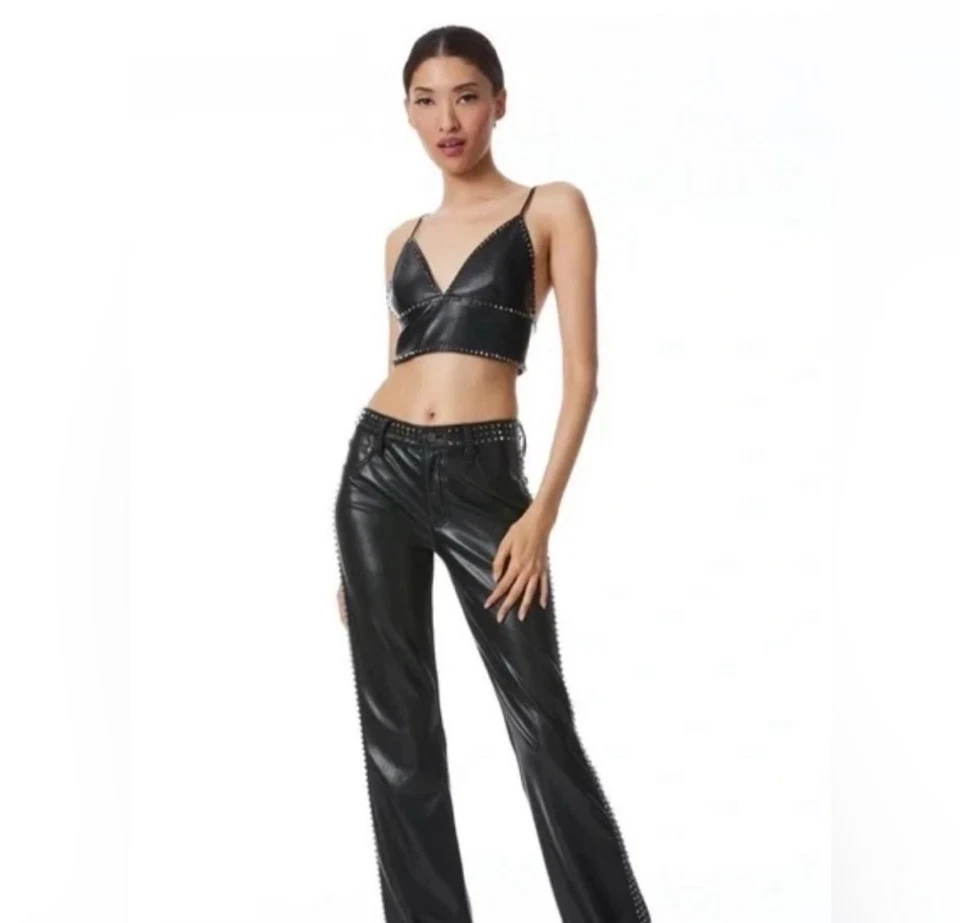 alice + Olivia Carli Vegan Leather Studded Crop Top Size 2 MSRP $395 - Image 3 of 4