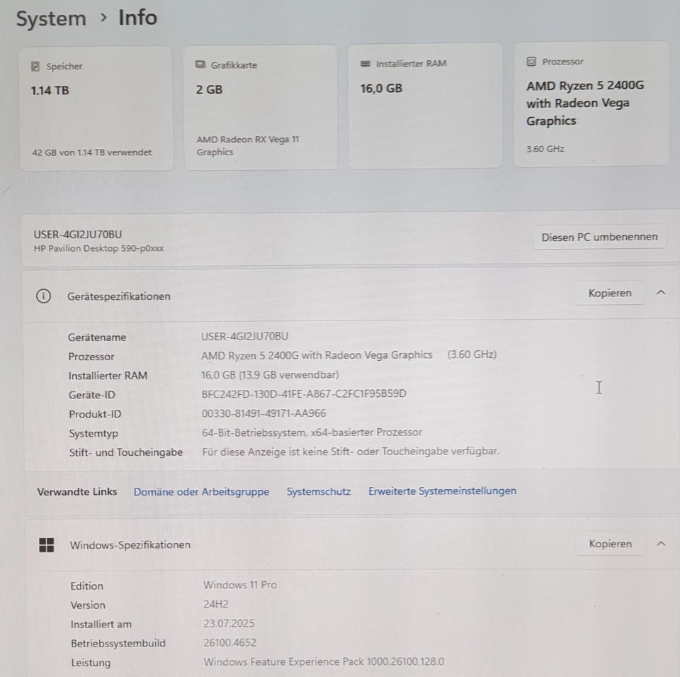 HP Pavilion Ryzen 5 1256GB 16GB Radeon Vega Windows 11Pro MS Office DVD HDMI VGA - Bild 4 von 4