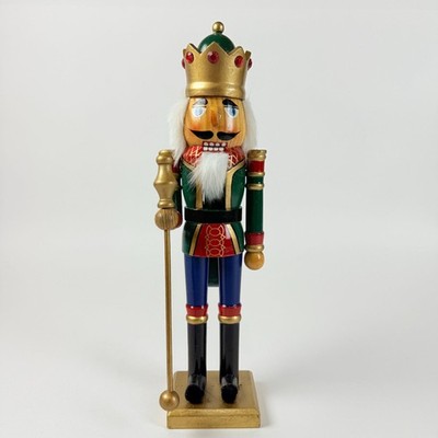 Vintage Wooden King Nutcracker Collectible Christmas Decor Green Gold Red Crown 