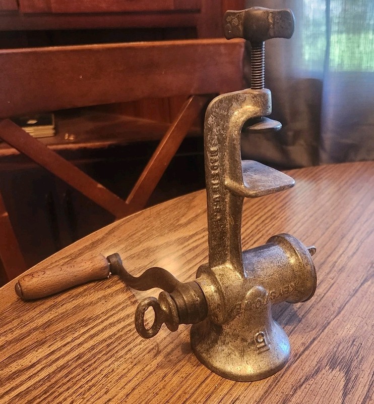 Enterprise No. 10 Manual Cast Iron Clamp-On Hand Crank Meat Grinder w/ Handle