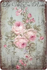 Shabby Chic Rose Flower Wall Decor - French Country Cottage Vintage Tin Signs fo
