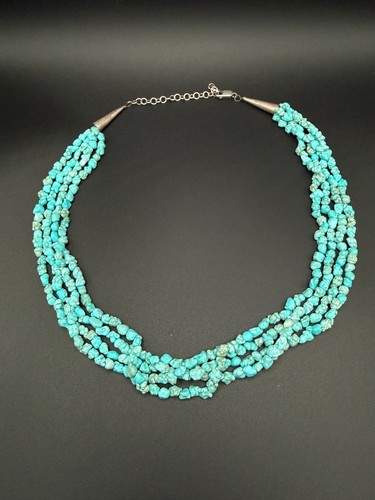 4 Strand Turquoise Nugget Necklace Sterling Silver 20” Southwestern 67.5g