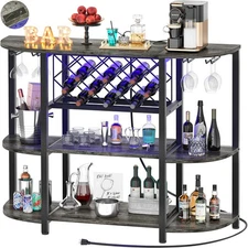 4-Tier Metal Coffee Bar Cabinet with Outlet and LED Light, Freestanding Floor...