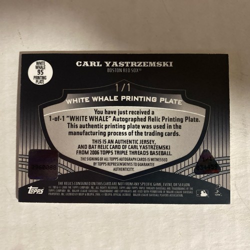 Bate jersey automático Carl Yastrzemski 2006 Topps Triple Threads White Whale Plate 1/1 - Imagen 6 de 8