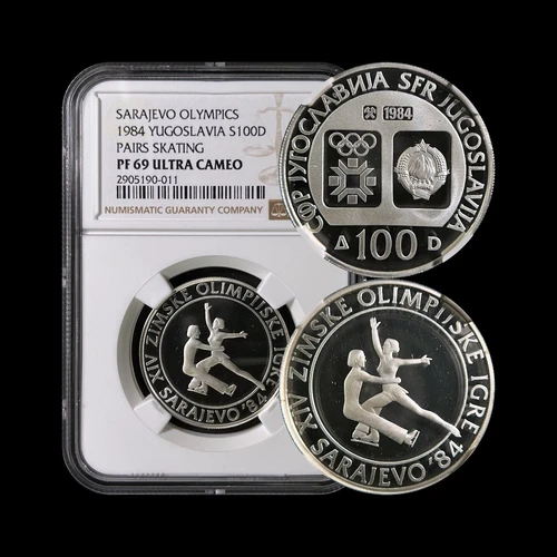 YUGOSLAVIA. 1984, 100 Dinara, Silver - NGC PF69 - Pairs Figure Skating Sarajevo