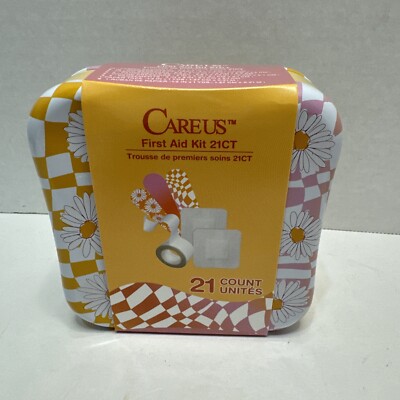 Careus First Aid Kit Metal Tin 21 Count Pink & Yellow Daisy & Patterns New