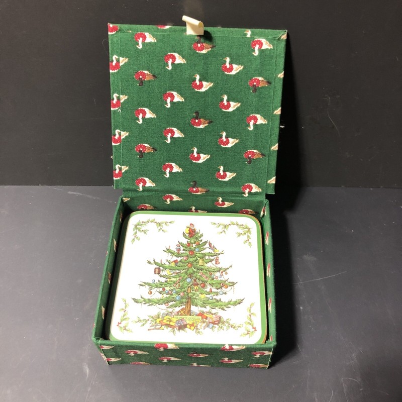Vintage Christmas Tree Set Of 6 Square Cork Backed Coasters Made in England