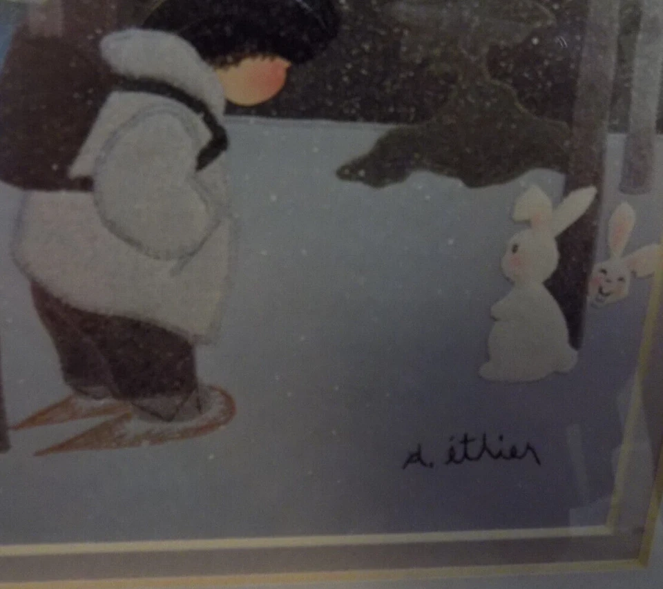 De Colección D Ethier Litografía Firmada Con Amigos Niño Zapatos para Nieve Conejito Blanco Conejos Foto 4 de 4