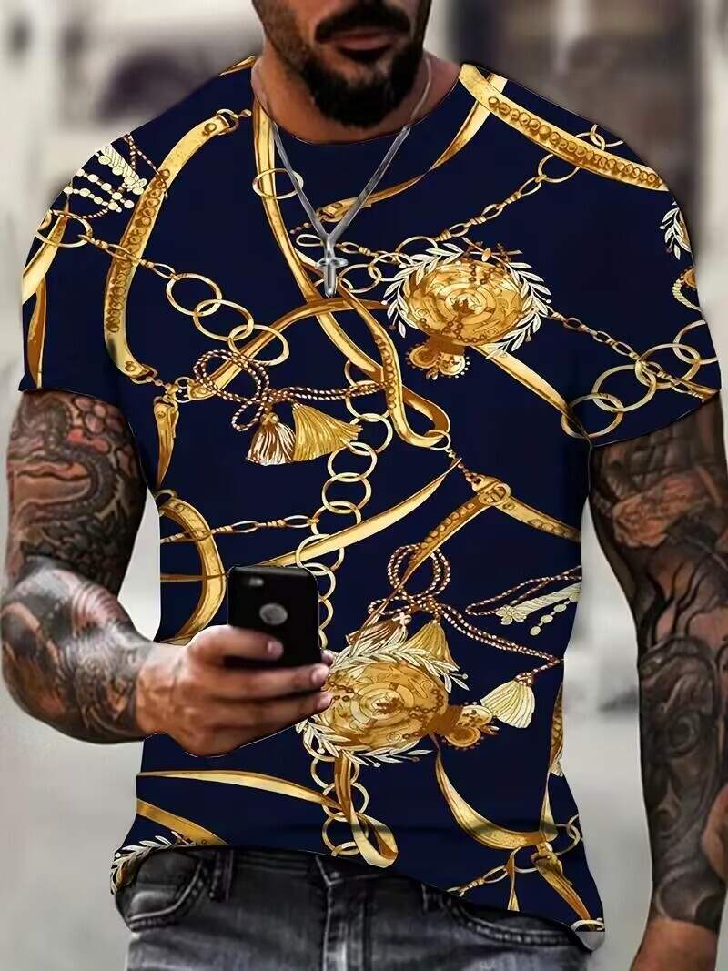 T-Shirt Baroque Golden Gold Chain Navy Blue Novelty Fashion Men