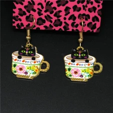  White Enamel Cute Teacup Kitten Animal Fashion Lady Women Stand Earrings