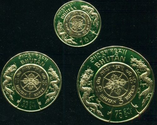 BHUTAN 1966 GOLDFOLIE 50 NP 1 3 RUPIE /NU KOMPLETT UN AUSGABE Doppelwährungsmarken - Bild 2 von 2