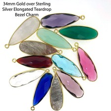Birthstone Pendant, Elongated Teardrop Gemstone, Gold Over Silver Bezel 1 pc 