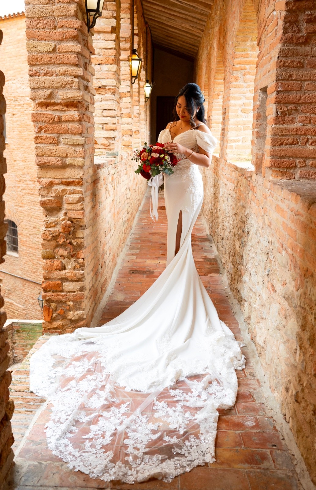 Couture wedding gown by Madam Burcu sz 8-14 cathedral train swarovski high slit