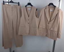 M&S Women's Trouser Suit Hessian Beige 3Pcs with Blazer Waistcoat Wide Leg NEW